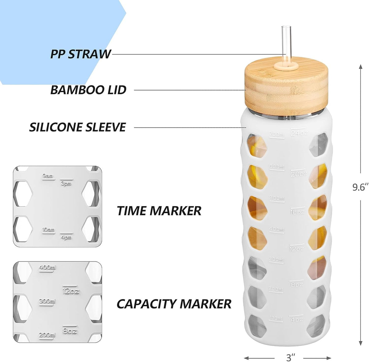 MUKOKO Glass Water Bottles, 24oz Glass Tumbler with Straw, Drinking Bottles with 2 Lids-Handle Spout Lid&Bamboo Straw Lid, Motivational Water Bottle with Time Marker and Silicone Sleeve, 1 Pack-White