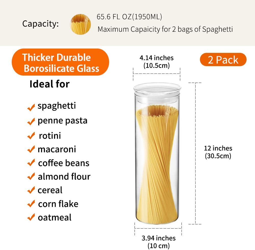 Zens Glass Spaghetti Pasta Storage Container with Lids Set of 2, 65oz Tall Clear Airtight Food Storage Jar Canisters for Kitchen Pantry Noodles Flour