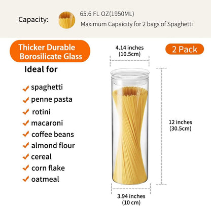 Zens Glass Spaghetti Pasta Storage Container with Lids Set of 2, 65oz Tall Clear Airtight Food Storage Jar Canisters for Kitchen Pantry Noodles Flour
