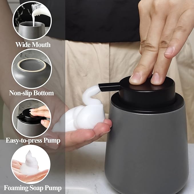 BosilunLife Foam Soap Dispenser - 12 oz Bathroom Lotion Hand Pump Dispenser Grey Foaming Soap Dispenser Ceramic Dish Liquid Dispenser for Kitchen Hand Wash Dispenser