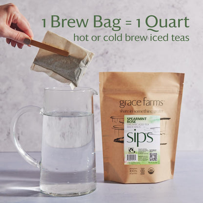 Grace Farms SPEARMINT ROSE ORGANIC ICED TEA (Twelve 1qt. Brew Bags, 3 Gallons) | Refreshing and Spiced, Naturally Sweet Sugar-Free | Easy Cold Brew