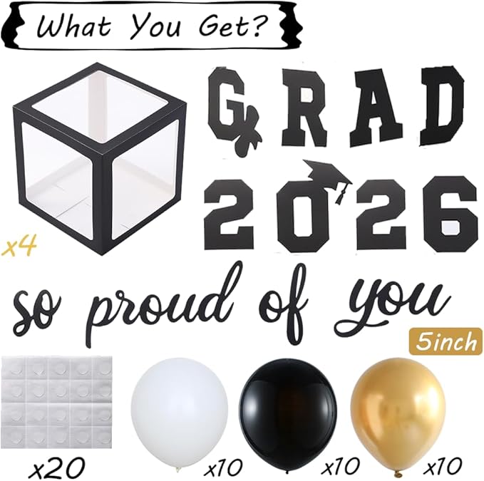 2026 Graduation Party Decorations, 4Pcs Black Boxes with 30Pcs Black White Gold Latex Balloons with Letters "2026 GRAD So Proud of You" for High School College Graduation Party Decorations (Black)