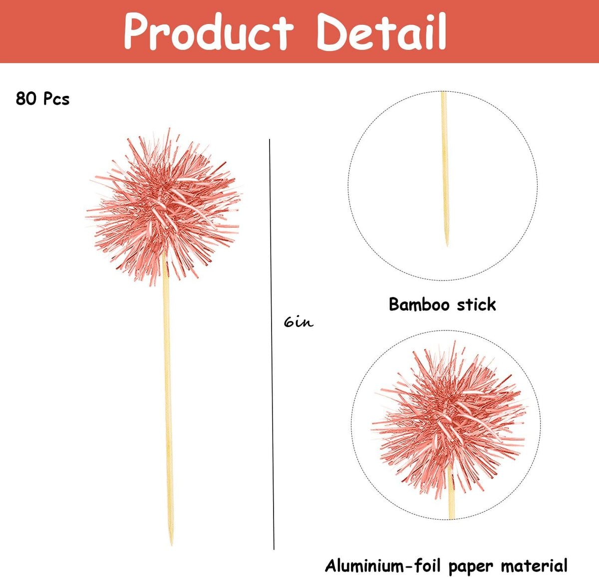 80 Pcs Firework Cupcake Topper Rose Gold Graduation Cake Decorations Foil Frill Toothpicks for Party Decoration, Cake Toppers, Picnics, Bar, Birthday