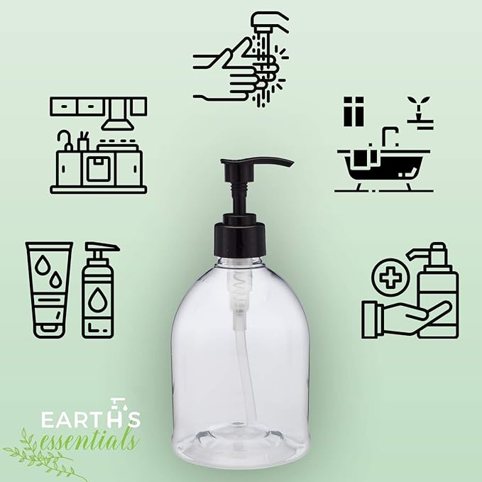 (2 Pack) Earth's Essentials Versatile 16 Ounce Refillable Designer Pump Bottles. Excellent Liquid Hand Soap, Homemade Lotion, Shampoo and Massage Oil Dispensers. Shatterproof PET Plastic.