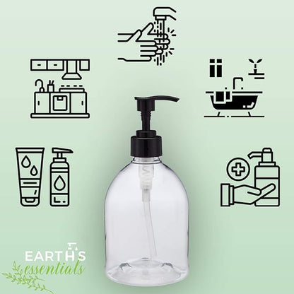 (2 Pack) Earth's Essentials Versatile 16 Ounce Refillable Designer Pump Bottles. Excellent Liquid Hand Soap, Homemade Lotion, Shampoo and Massage Oil Dispensers. Shatterproof PET Plastic.