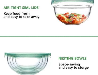 WhiteRhino Glass Mixing Bowl with Lids Set of 4,(1,1.5,2.5,3.7) Large Salad Bowl,Space-Saving Stacking Bowl for Kitchen Food Storage