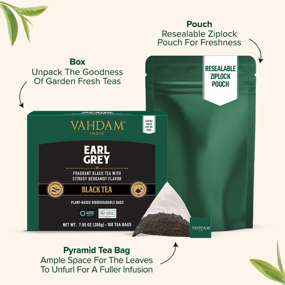 Vahdam, Earl Grey Black Tea Bags (100 Count) Medium Caffeine, Non GMO, Gluten Free, Citrus Bergamot & Smooth, Resealable Ziplock Pouch