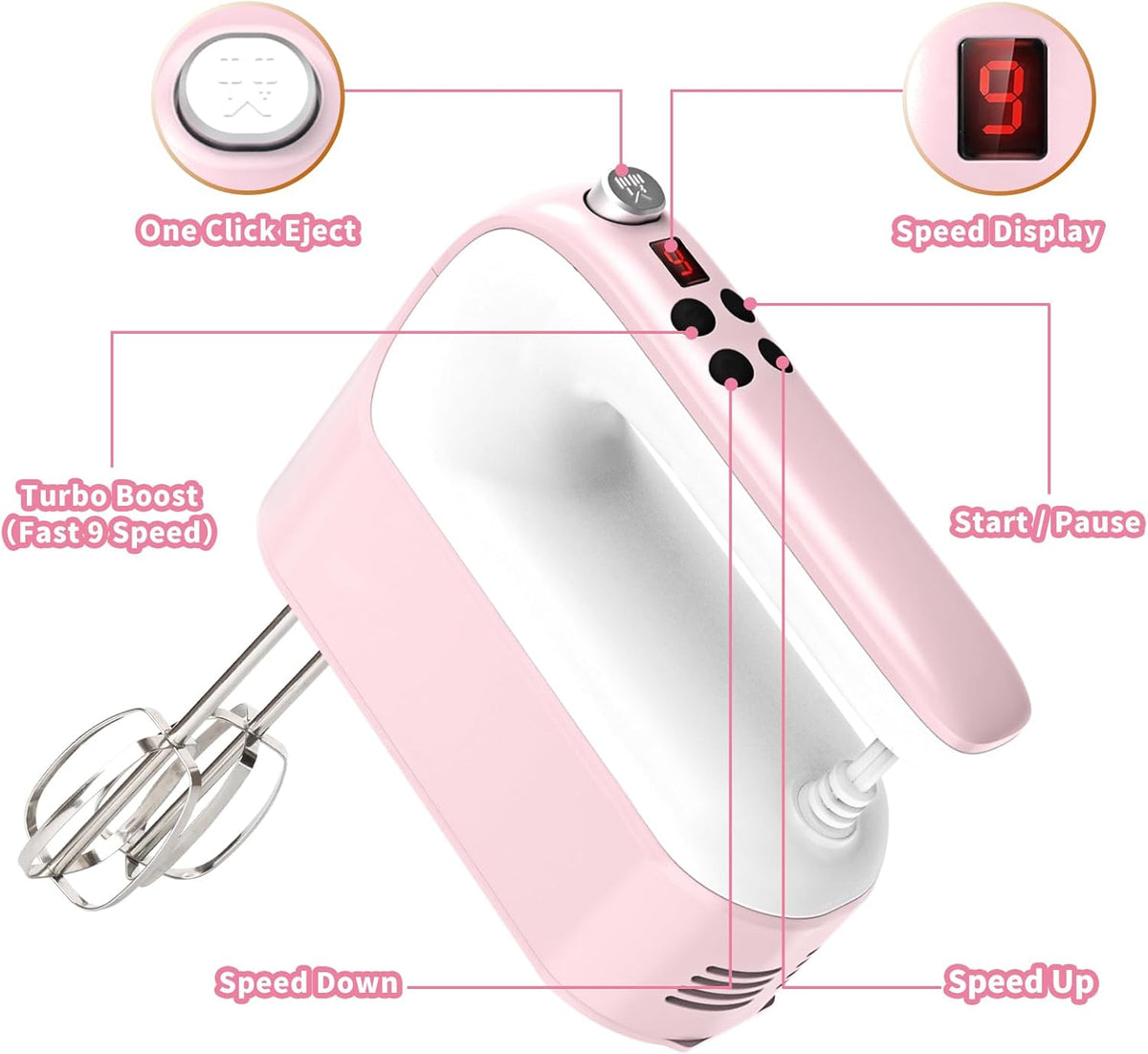 9-Speed Digital Hand Mixer Electric, 400W DC Motor, Hand Mixer electric Handheld with Snap-On Storage Case, Touch Button, Turbo Boost