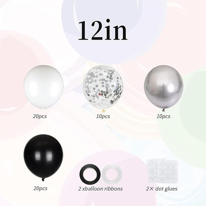60pcs Black White Silver Balloon Kit - 12" Metallic Silver Black & White Confetti Balloons for New Year Eve, Black Tie Wedding, Disco Birthday Decor