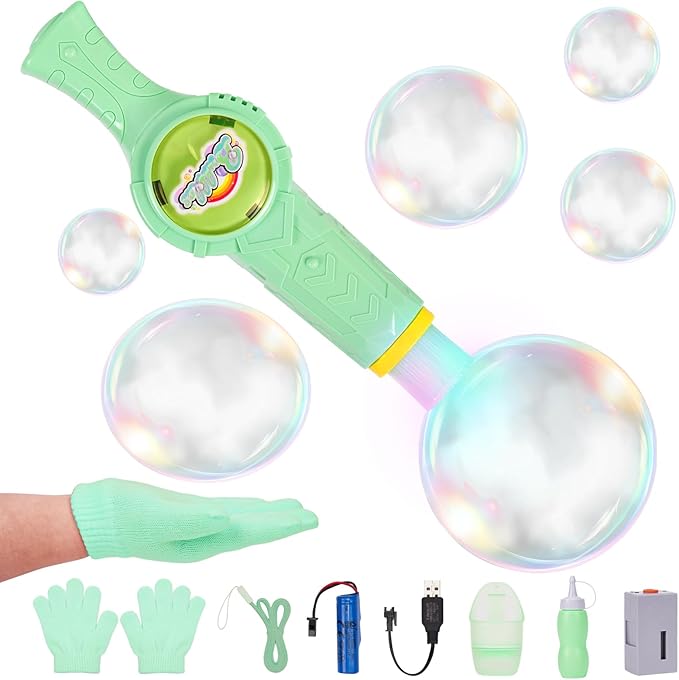 Smoke Bubble Machine, Elastic Bubble Fog Wand, Rechargeable Fog Bubble Machine with Lights & Sound, for Parties Outdoor Interactive Fun (Green)
