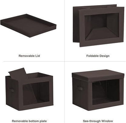 Homsorout Stackable Storage Bins with Lids - Large Storage Box with Lids, Foldable Closet Boxes for Organizing, Wardrobe Clothes Organizer with Window, Cubes Bins for Living Room, 4 Pack, Brown