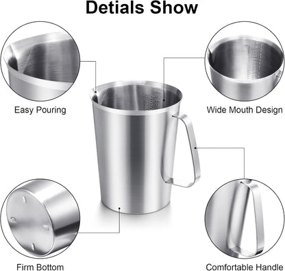 Flutesan 3 Pcs Stainless Steel Measuring Cups Measuring Pitcher with Handle with Markings for Latte Art, Water Pouring 2/4/8 Cup (16/32/64 oz)