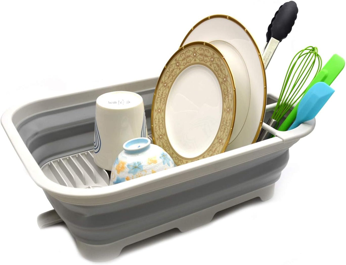 SAMMART 12L (3.17 Gallon) Collapsible Dish Drainer with Swivel spout - Foldable Drying Rack Set - Portable Dinnerware Organizer - Space Saving Kitchen Storage Tray (Grey)