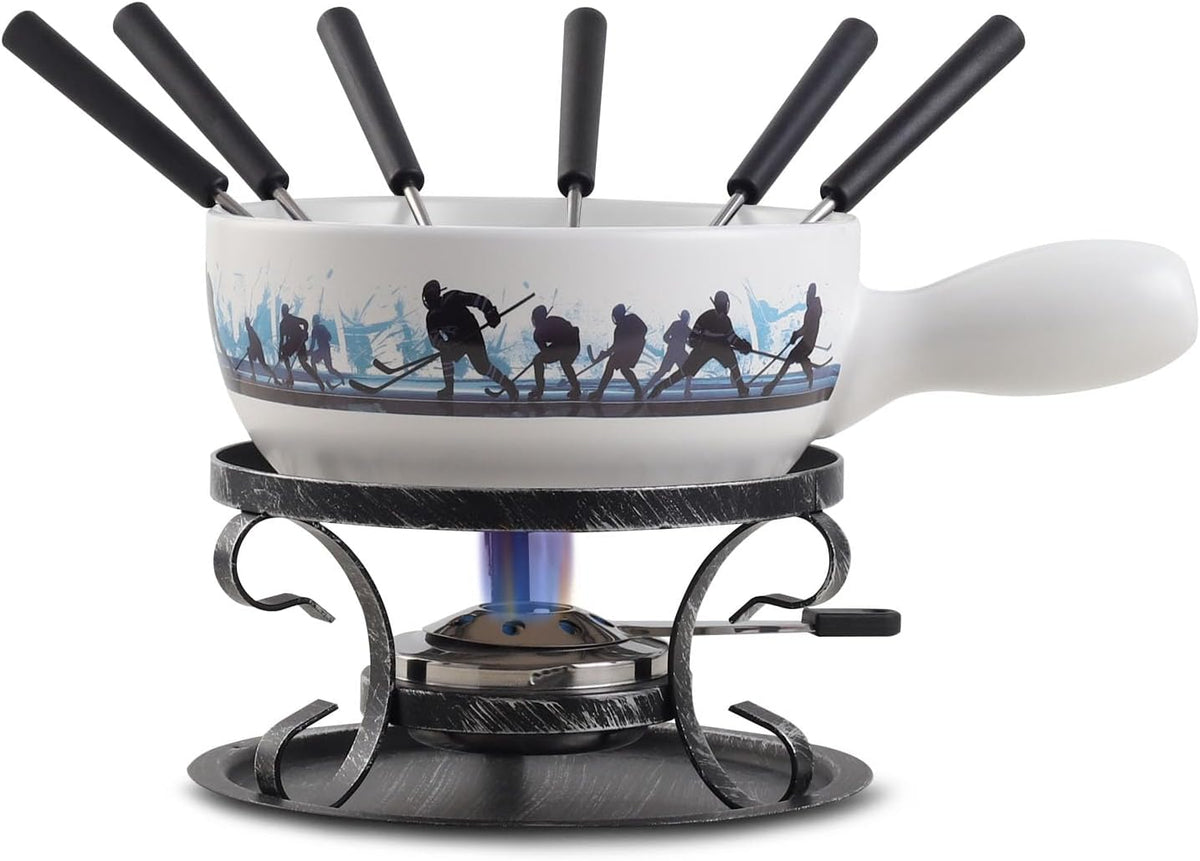 Artestia Swiss Fondue Set for Party - 2L Large Capacity Cheese Fondue Pot Melting Chocolate, Ceramic Fondue Pot, 6 Fondue Forks, Christmas, Wedding Gifts (Icebound Eagles)