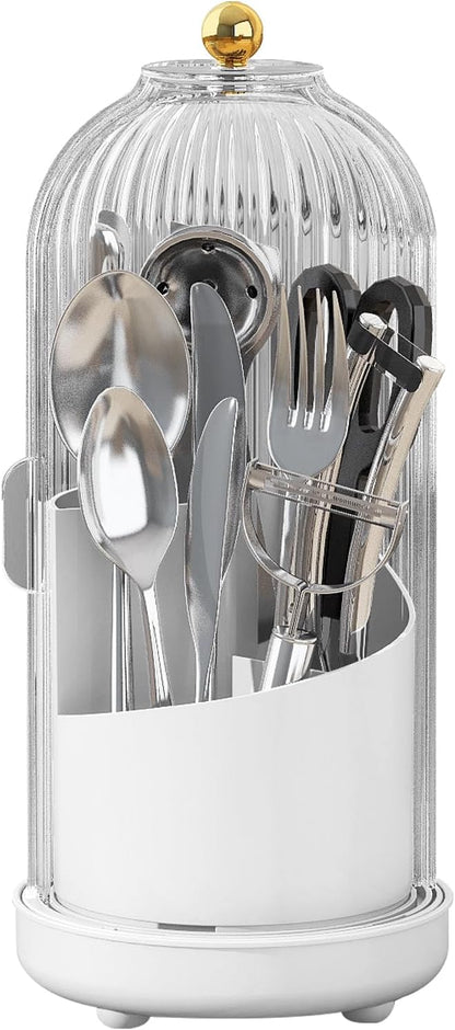 JEESA Utensil Holder with Lid, 360° Rotating Flatware Organizer for Cutlery Spoon Fork(H Less 8"), Silverware Caddy Organizer Drainage Dustproof Flatware Holder Kitchen Countertop Storage, White