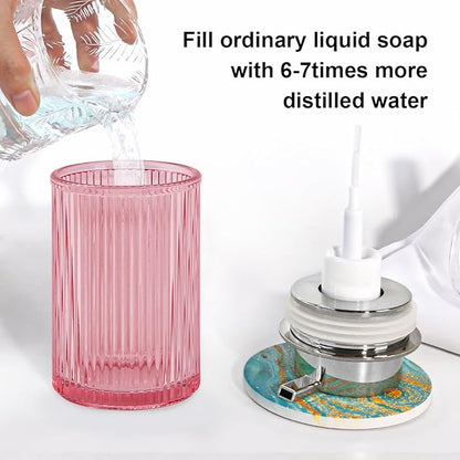 Foaming Soap Dispenser, 12 Oz Pink Glass Foam Hand Soap Dispenser, Refillable Lotion Soap Dispenser with Removable Pump for Kitchen Hand Wash Dispenser, Modern Slim Ribbed Bottle for Decor