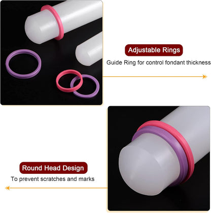 HARFINGTON 2pcs Fondant Rolling Pin with Rings PP 43cm x 3.5cm Non Stick for Baking, White
