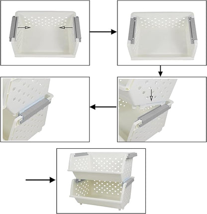 3-Pack Plastic Stackable Storage Basket, White Stacking Organizer Basket