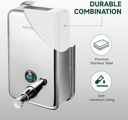 anydry Commercial Manual Soap Dispenser, Durable Polished Stainless Steel Finish, 37oz (1100ml) Liquid, Wall-Mounted for Bathroom & Kitchen