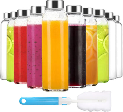 Clear Glass Bottles with Lids 18 oz, Reusable Glass Water Bottles with Stainless Steel Cap for Juicing, Refrigerator,100% Leak Proof, BPA Free