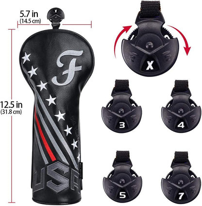 Big Teeth Golf Cover USA Stripe and Star Headcover Covers, Driver Fairway Wood Hybrid Headcovers Fits Blade Mallet Putter Iron and Woods with Magnetic Club Protector Pu Leather Golf Accessories