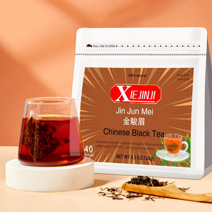 Xiejinji Golden Monkey Tea - Chinese Black Tea - Jinjunmei - Premium Bud Tea - Eco-Conscious Tea Bags - 3.2g x 40 Count - Repeated Brewing