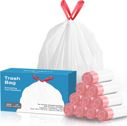 13.2 Gallon Tall Kitchen Drawstring Trash Bags, 200 Count Pre-separated Garbage Bags, Unscented, Leak Proof, Waste Bag for Kitchen, Office, Home