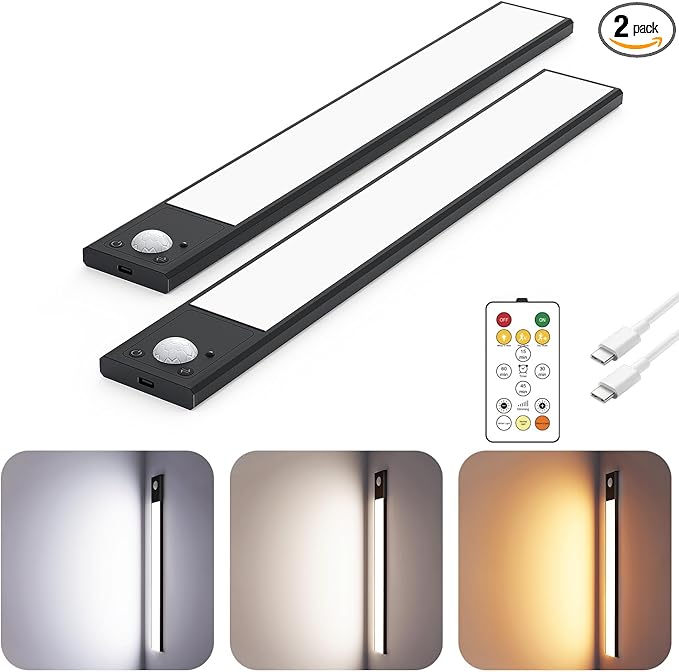 12" Ultra-Thin Under Cabinet Lighting Wireless, Aluminum Alloy Under Counter Lights for Kitchen, 3-Color-Temps Magnetic Closet Lights, Rechargeable Motion Sensor Light Indoor (2 Pack, Black)