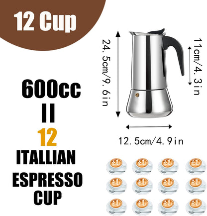 12 Cup Stovetop Espresso Maker Stainless Steel Moka Pot Stove Top Percolator Italian Coffee Makers Capable Mocha Greca Machine Cafe Classic Induction Cookers for Home and Camping 600ml 20oz
