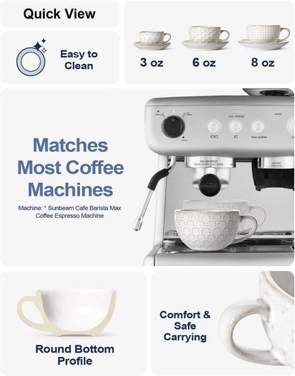 LE Tauci Cappuccino Cups with Saucers 6 oz, Ceramic Embossment Coffee Cup for Au Lait, Double shot, Latte, Cafe Mocha, Tea, Dishwasher Safe