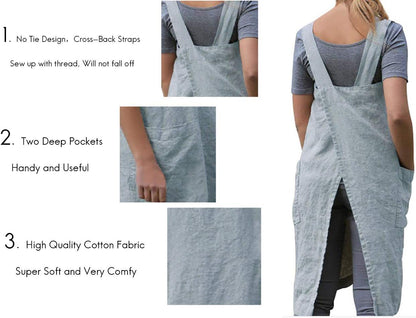 Women's Pinafore Square Apron Baking Cooking Gardening Works Cross Back Cotton/Linen Blend Dress with 2 Pockets