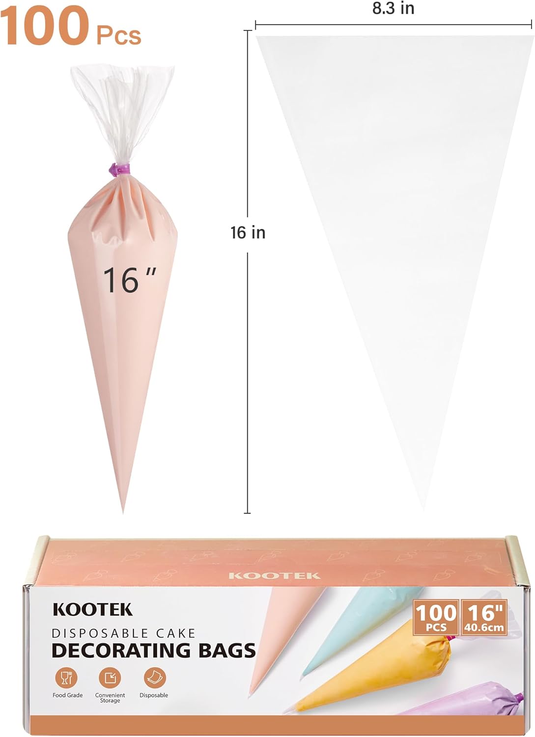 Kootek 16" Piping Bags (100Pcs), Disposable Pastry Bags Anti Burst Icing Frosting Bag Thick Cake Decorating Bags for Cookie, Cupcake, Candy