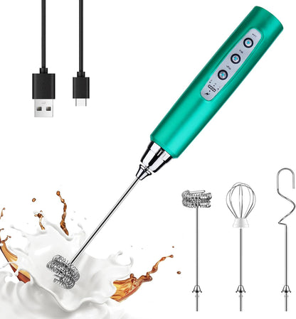 Yuswko Turquoise Handheld Milk Frother Wand for Coffee, Rechargeable Electric Whisk with 3 Heads 3 Speeds Drink Mixer Coffee Frother For Latte