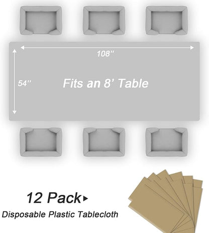 QIKSION Gold Plastic Table Cloth Disposable 12 Pack, 54 x 108 Inch Tablecloths for Graduation, Thanksgiving, Christmas Decorations, Rectangle Table Cover