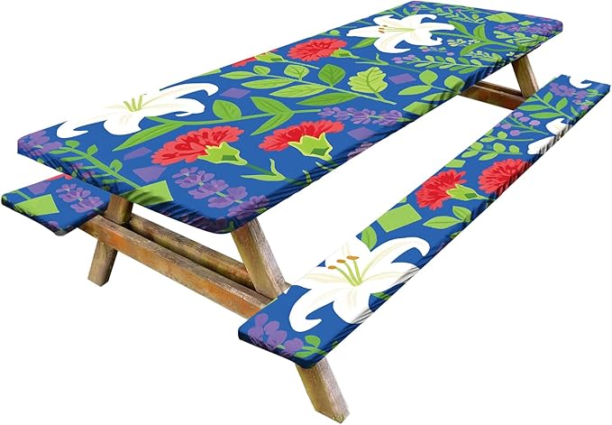 Blue Floral Picnic Table Cover with Bench Covers Set of 3-White Lilies and Red Flowers,Elastic Fitted Tablecloth for 6 Ft Tables, Washable Polyester Cover for Camping, Indoor & Outdoor