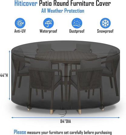 Round Patio Furniture Covers Waterproof, 84 Inch High Outdoor Round Table Cover, Tall Bar Height Outside Table and Chairs Set Covers for Winter, Rainproof Fadeproof - 84" Dia x 44" H