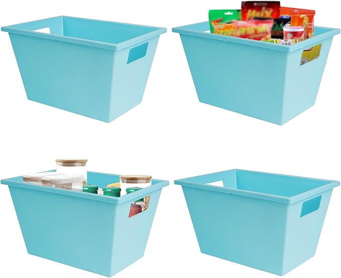 4PC Plastic Stackable Storage Basket - Large Basket Organizer with Handle for Kitchen ,Offices ,Shelving, Pantry,Cabinet and Bathrooms Open Storage Bin for Space Optimization Portability-Blue
