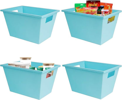 4PC Plastic Stackable Storage Basket - Large Basket Organizer with Handle for Kitchen ,Offices ,Shelving, Pantry,Cabinet and Bathrooms Open Storage Bin for Space Optimization Portability-Blue
