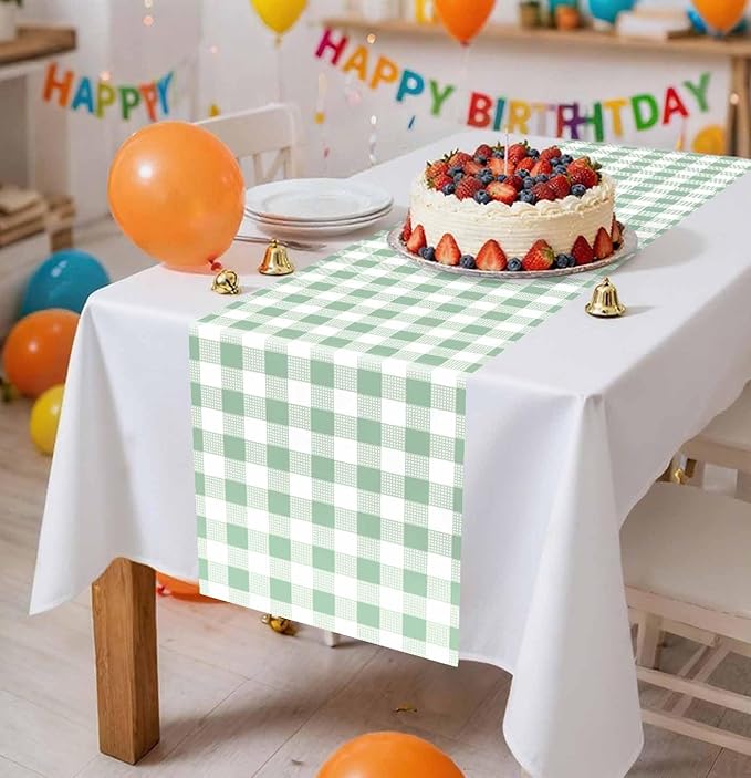 3 Pcs Sage Green and White Checkered Table Runner Plastic 14 x 108 Disposable Sage Green Gingham Table Runner for Birthday Wedding Baby Shower Party Table Centerpiece Decorations