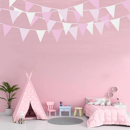 Zwiebeco 39Ft Pink White Dot Fabric Bunting Banner Triangle Flags Hanging Cotton Garland Pennant for Wedding Birthday Tea Party Nursery Home Outdoor Garden Decorations
