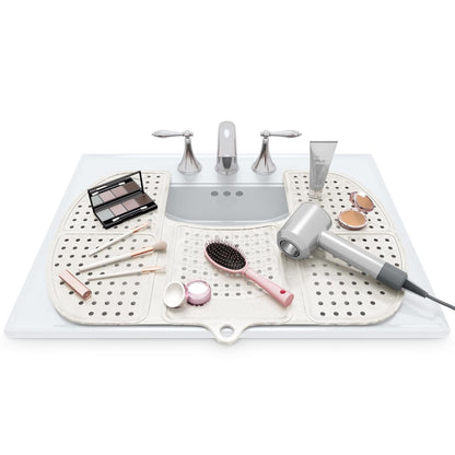Sink Topper Bathroom Counter Cover & Storage Saver, Foldable Silicone Mat for Hot Tools, Hair Styling & Makeup, Beauty Brush Cleaning Mat, RV Camper Sink Cover & for Small Spaces (Large Pearl)