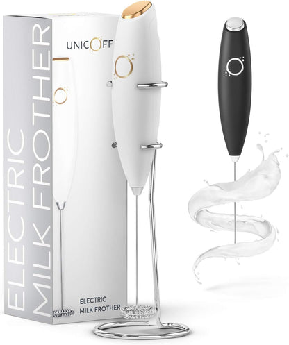Milk Frother White - Coffee Frother Handheld with Electric Whisk - 19000 rpm - Book Recipes and Stainless Steel Stand Included