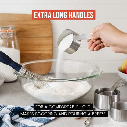 Chef Pomodoro Stainless Steel Measuring Cup Set, Nested and Stackable with 7 Pieces, Sturdy Extra-long Handles with Lasered Markings and Sorting Ring