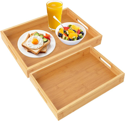 2 Pack Large Bamboo Serving Tray with Handles, 16 x 11.6 Inch and 14 x 10 inch Wooden Dinner Tray
