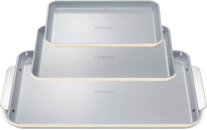 Caraway Non-Stick Ceramic Baking Sheet Trio - Naturally Slick Ceramic Coating - Non-Toxic, PTFE & PFOA Free - 18 x 13" Large, 15 x 10" Medium, & 9" x 13" Small - Cream