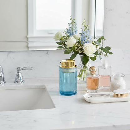 Foaming Soap Dispenser, 12 Oz Blue Glass Foam Hand Soap Dispenser, Refillable Glass Foam Pump Bottle Container Decorative Slim Ribbed Bottle for Bathroom and Kitchen