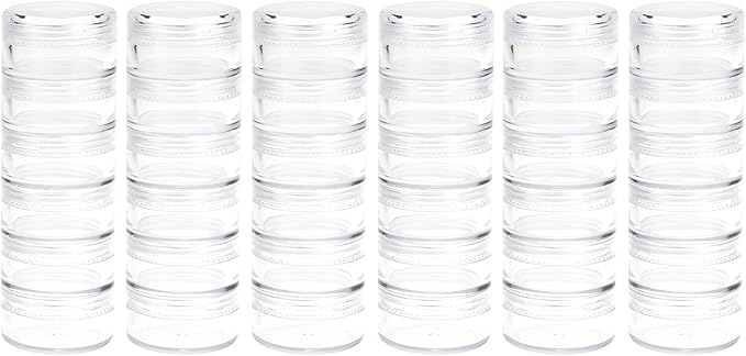 Fengek 6 Sets 6 Layer Stackable Plastic Containers, 10G/10ML Clear Cosmetic Storage Box Round Organizer Jars for Beads, Buttons, Small Jewelry Findings