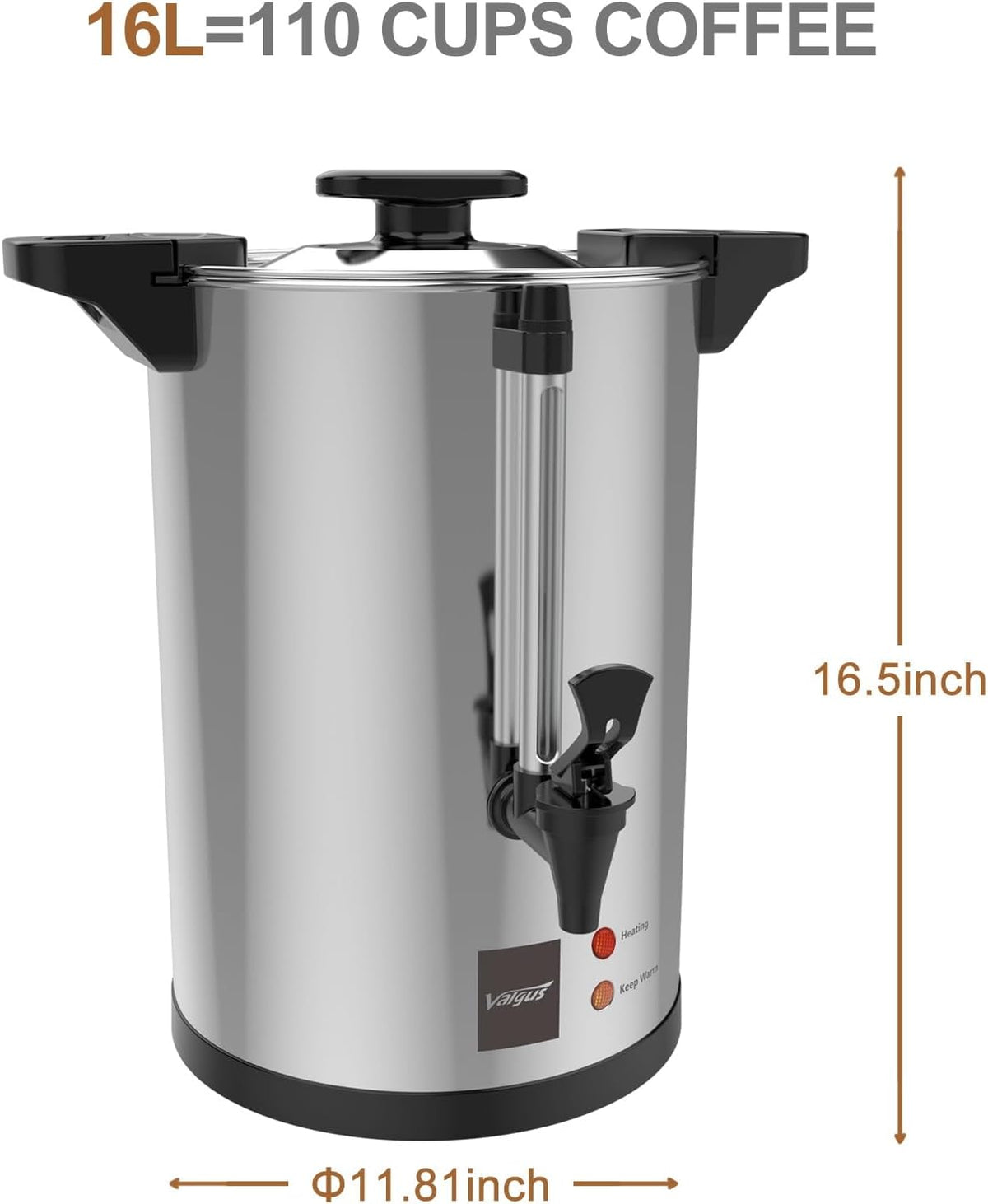 Valgus Commercial Grade Stainless Steel Coffee Urn 110-Cup 16L Coffee Maker with Percolator Coffee Dispenser for Quick Brewing for Large Crowds for
