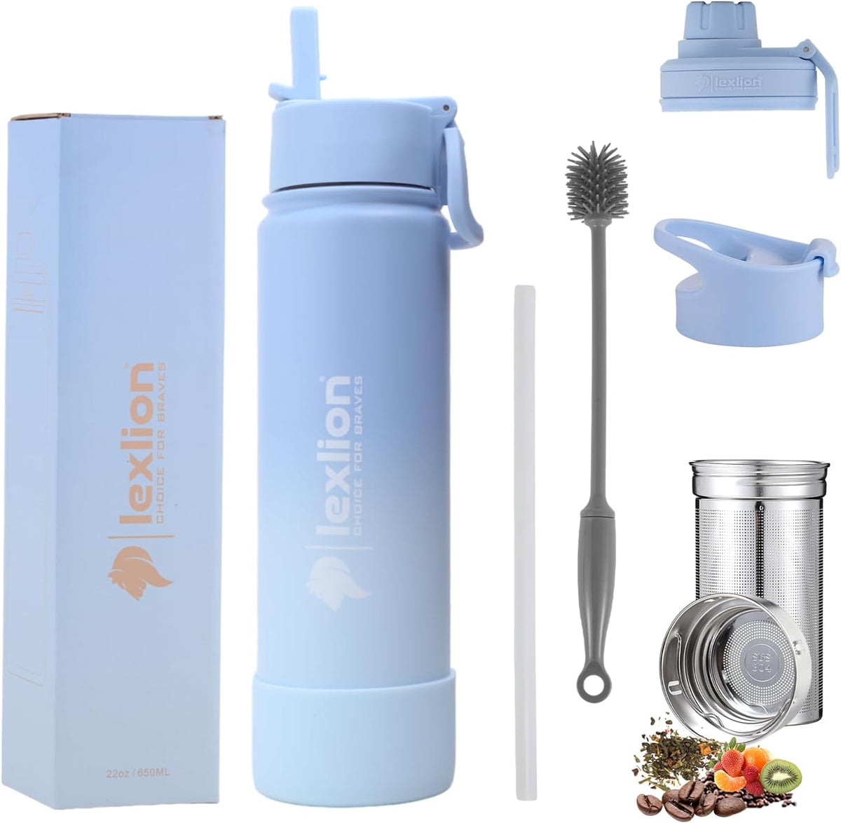 Lexlion Tea Infuser Water Bottle 22 Oz, Triple Walled Insulated Stainless Steel Bottle, Thermal Fruit Leaf Infuser, Silicone Sleeve, 3 Lids Leakproof
