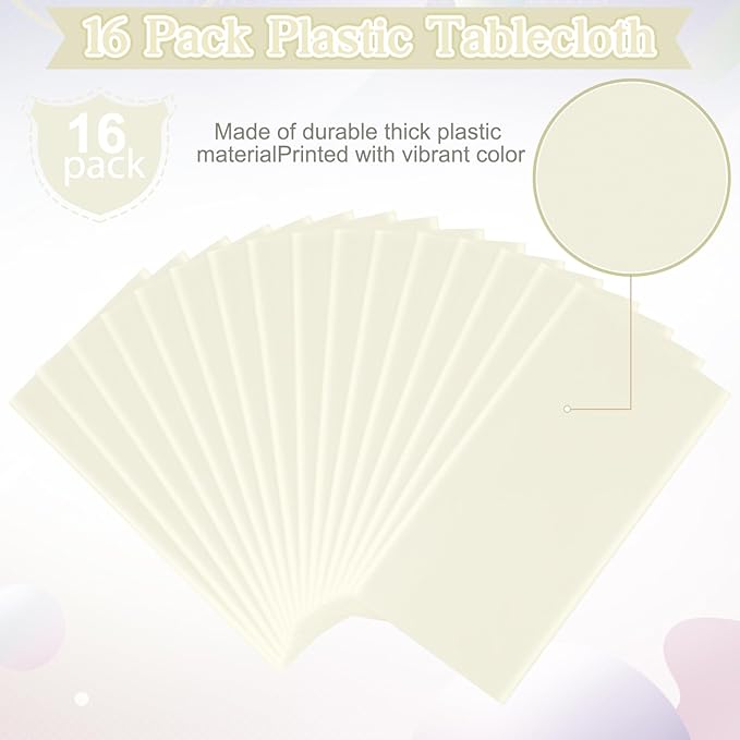 16 Pack Beige Plastic Tablecloth for Rectangle Tables, Premium Decorative Ivory Disposable Table Cloths for Parties, Rectangle Cream Party Table Cover for Birthday Wedding Baby Shower, 54x108 Inch
